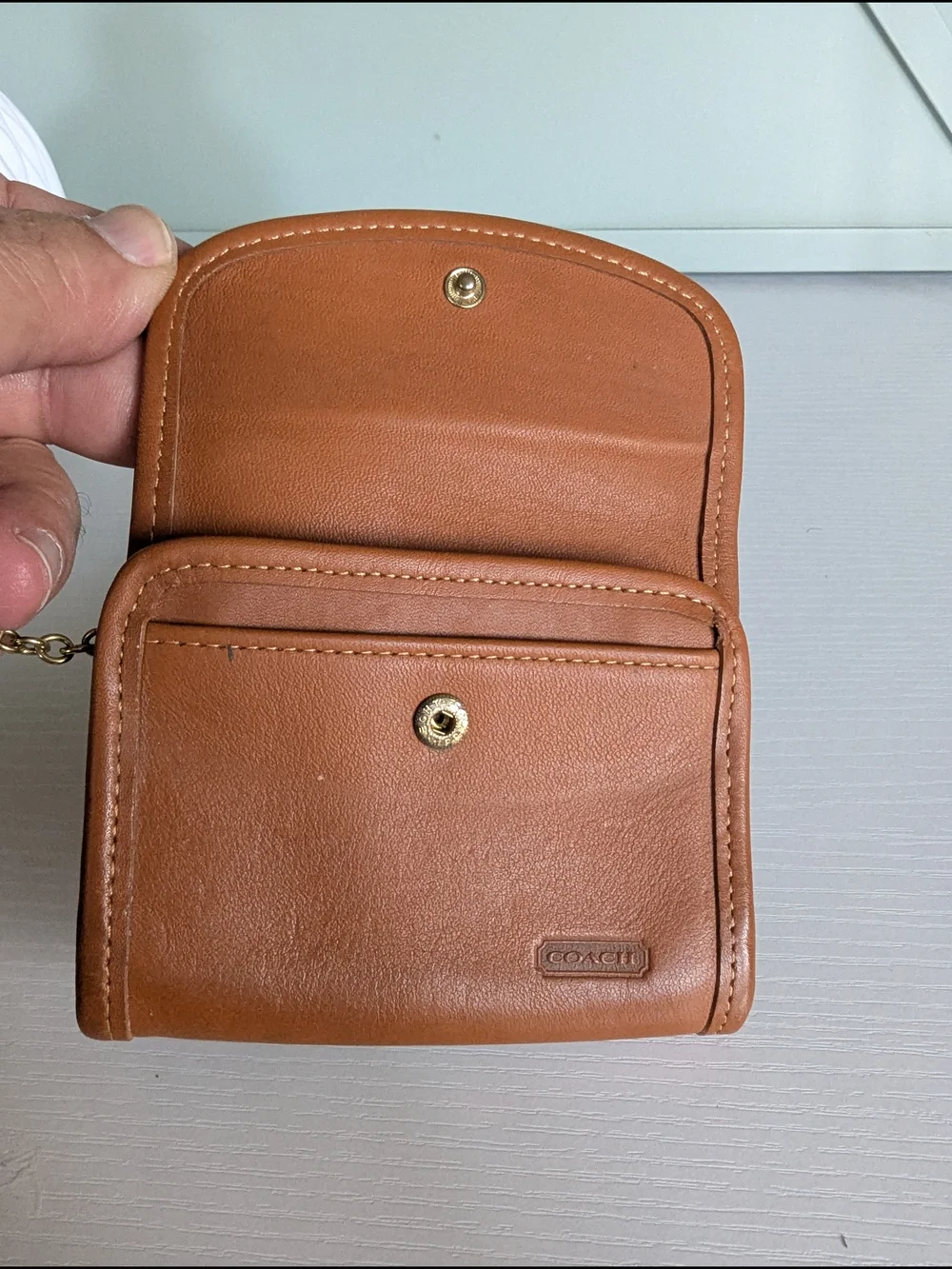 Coach Tan Leather Wallet with Gold Chain
